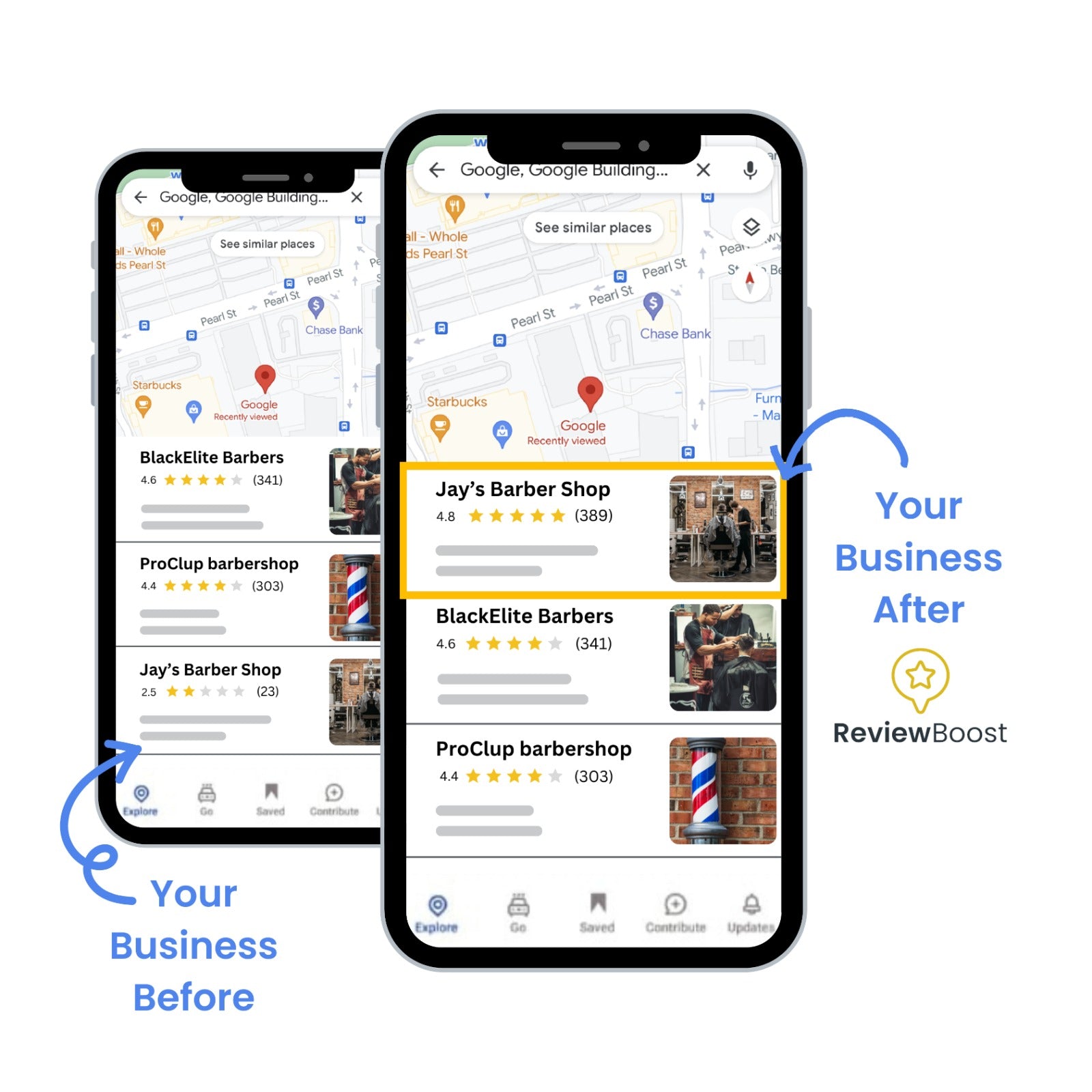 A graphic showing two smartphones with Google Maps displaying the improvement in a business's ranking after using ReviewBoost. The business, Jay’s Barber Shop, moves from a 2.5-star rating to a 4.8-star rating, highlighting the impact of ReviewBoost