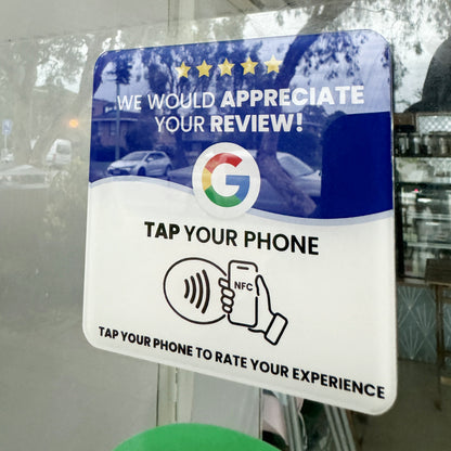 ReviewBoost NFC Plaque on Cafe Shop Front Window for Google Reviews